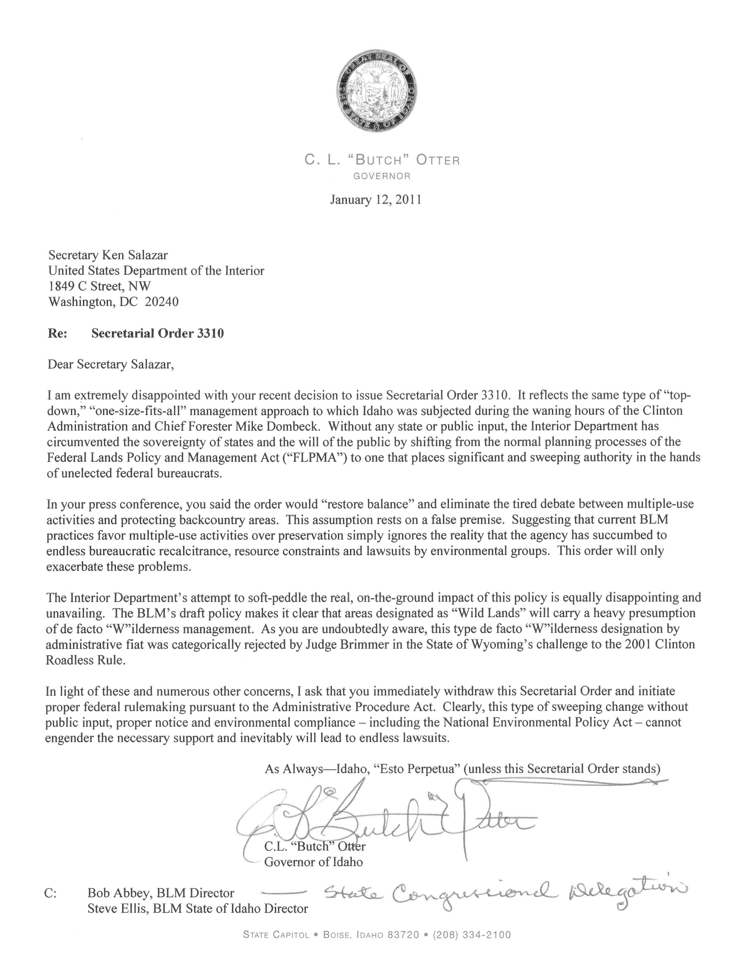 Secretarial Order 3310 letter
